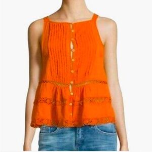 Free People Orange Sleeveless Tank Top with Pleated Tiered Design